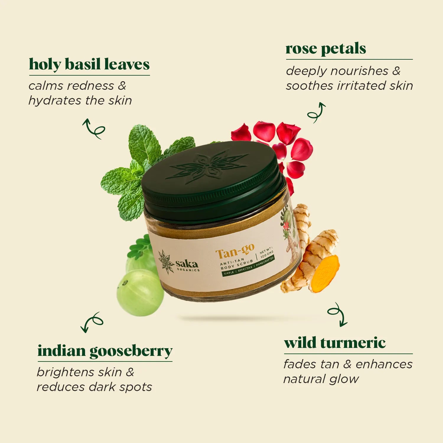 Tan-Go: Anti-Tan Body Scrub with Tomato extract, Wild Turmeric & Rose Petals